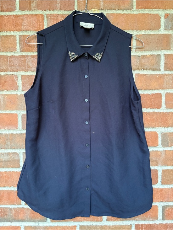 LOFT Tops - EUC Sz S LOFT Navy Sleeveless Button-Down Top with Jeweled Collar